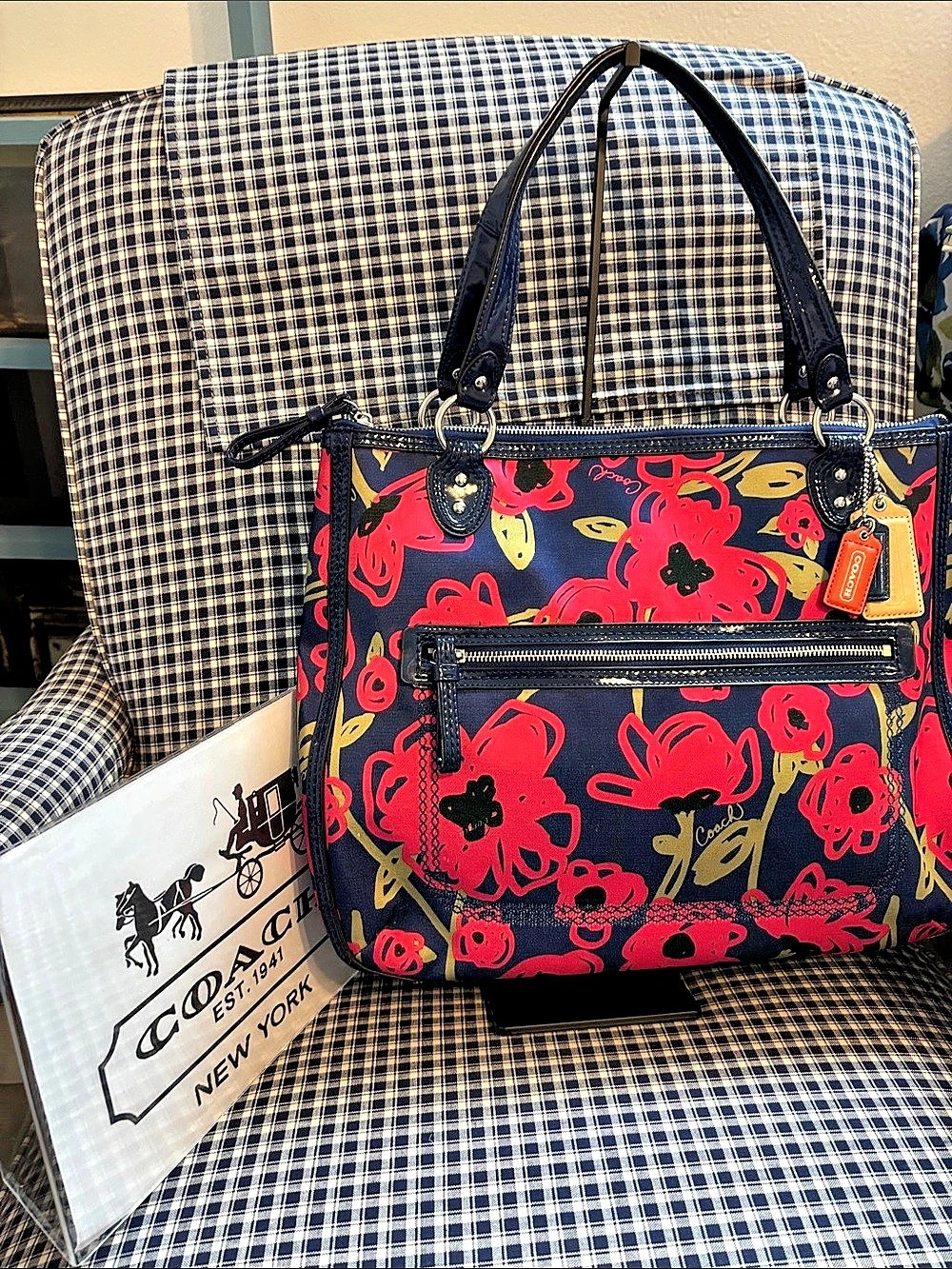 COACH Hallie poppy tote in dark blue & Red, rare